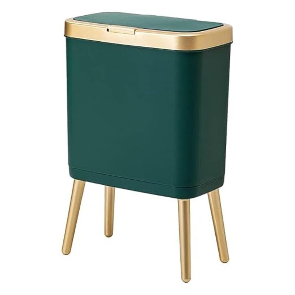 Small Trash Can with Lid 4 Gallon Push Button Waste Bin Gold Edge Bathroom